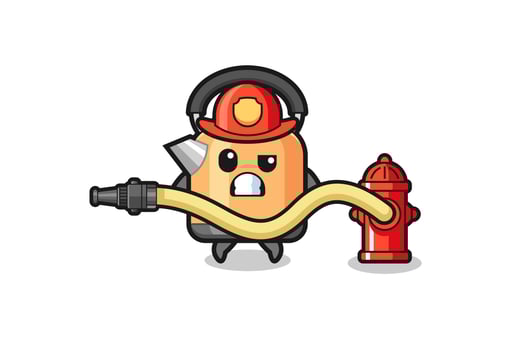 kettle cartoon as firefighter mascot with water hose vector