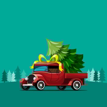 Merry Christmas Vector illustration Retro pickup truck Vintage style with christmas tree.