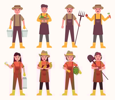 Cartoon farmer characters Agricultural work and harvest local products. vector