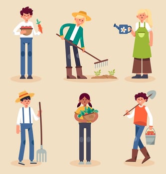 Cartoon farmer characters Agricultural work and harvest local products vector