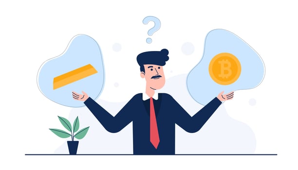 The businessman weighed in his mind whether to invest in gold assets or cryptocurrencies. vector