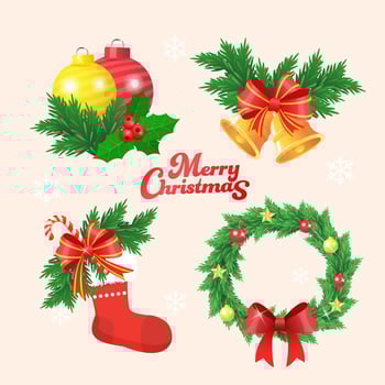 Christmas wreath with green branches, red and gold ball, candy cane, star, leaf and bow. vector