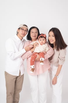 Happy Asian family on white background photo