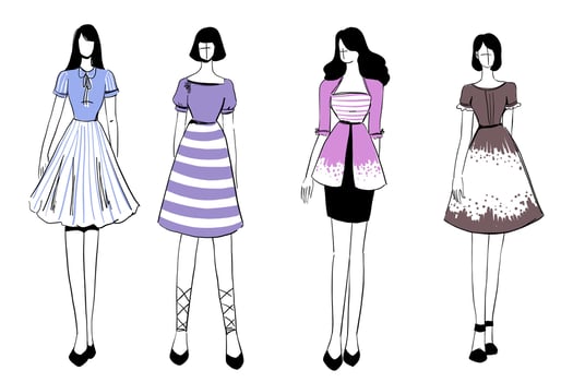 Set of Sketches of beautiful and diverse female fashion outfits. vector