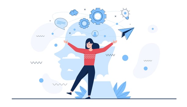 Woman standing thinking get idea. Thoughtful people understand the problem. vector