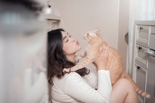 Beautiful asian  cat lover woman is playing with cat in her room photo
