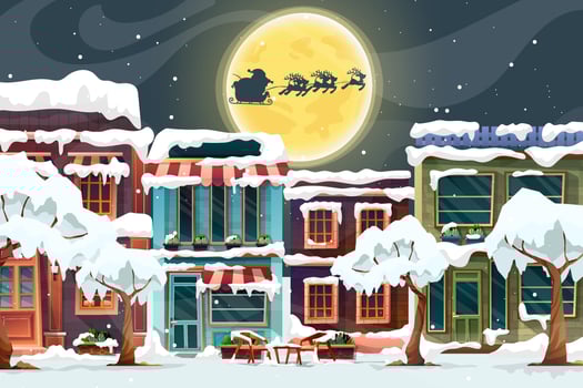Santa Claus sled over rooftop and chimney at the Christmas night with full moon and snowy. vector