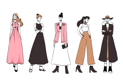Set of Sketches of beautiful and diverse female fashion outfits. vector