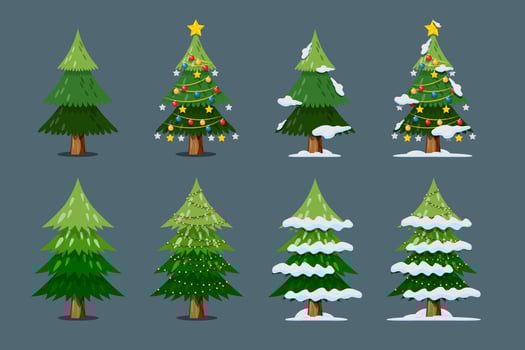 Vector christmas tree isolated with lightbulb, stars and balls, snow on the leaves on White Background.