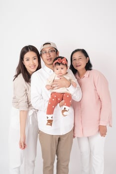 Happy Asian family on white background photo