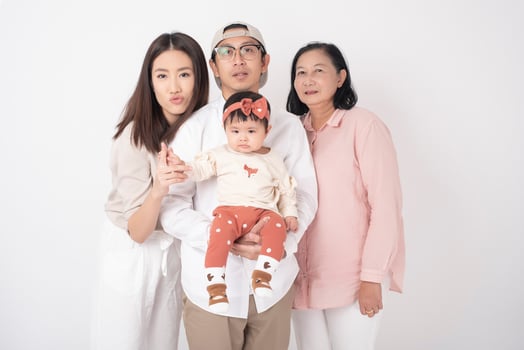 Happy Asian family on white background photo