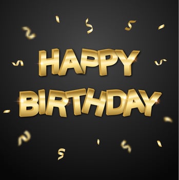 Happy Birthday - black background with realistic golden text and ribbons. Vector illustration greeting card, poster, flyer, banner.