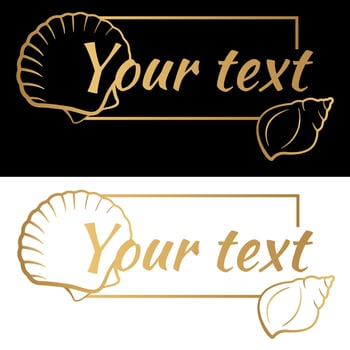 Golden shells with frame and text. Vector summer illustration for logo, business card, menu, certificate, invitation
