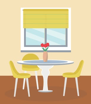 Round table with chairs. Kitchen or cafe in yellow tones. Cozy modern interior. Flat vector illustration
