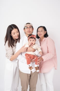 Happy Asian family on white background photo
