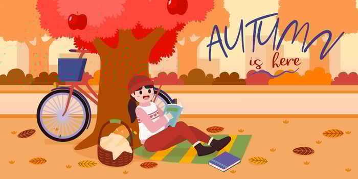Girl reading book under apple tree in garden vector