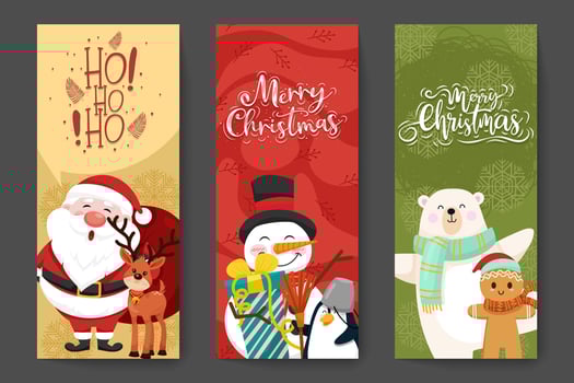 Christmas and New Year background banner. Santa claus, penguin, snowman, gingerbread and bear banner. vector