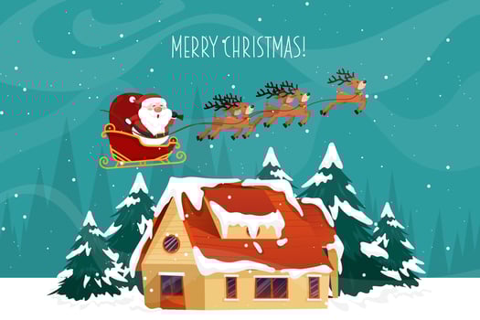 Santa Claus sled over rooftop and chimney at the Christmas night with full moon and snowy. vector