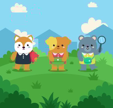 set of cute animal hiking and camping in nature outdoor vector