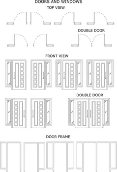 set of drawings. Top view, front view and door frame outline. doors icon vector