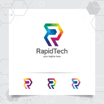 Digital logo letter R design vector with modern colorful pixel for technology, software, studio, app, and business.
