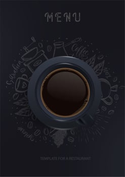 Restaurant menu . Black coffee cup on a black background with coffee silhouettes. A fashionable modern poster for a restaurant advertising sign. Vector illustration of the top view.