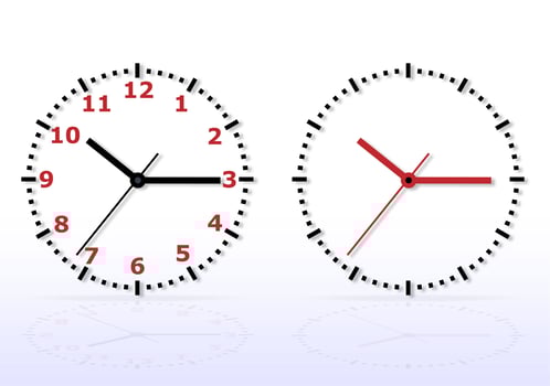 Vector classic simple wall clock isolated on white with shadow and reflection. Design template. In red and black tone. Foreground