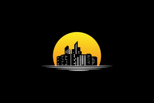 Sunset Sunrise with Urban City Town Silhouette Logo Design Vector