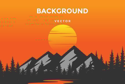 Mountain Sunrise Sunset Landscape with Pine Cedar Spruce Conifer Fir Evergreen Hemlock Larch Cypress Trees Forest and Lake River Creek , Morning Panorama Background. Vector Illustration
