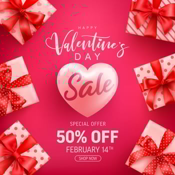 Valentine's Day Sale Poster or banner with cute gift box on pink background.Promotion and shopping template or background for Love and Valentine's day concept. vector