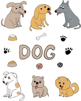 dogs icon set. hand drawn doodle. , cartoon, minimalism. pet, animal, cute funny bowl food ball footprints paws lettering vector