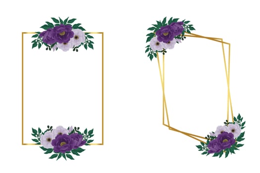 Floral Frame Purple Peony flower Design Template, Digital watercolor hand drawn vector