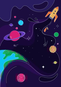 Banner with spaceship in outer space. vector