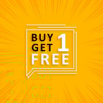 Buy 1 Get 1 Free, sale tag, banner design template, discount app icon, vector illustration on yellow background