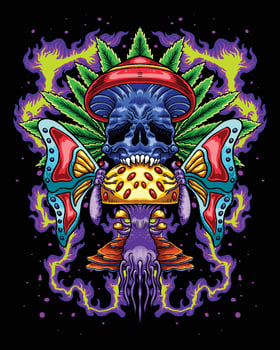 Skull mushroom with cannabis butterfly logo vector