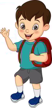 Cartoon funny little boy with school bag waving his hand vector