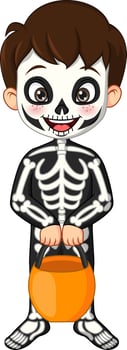 Cartoon little boy wearing skeleton costume vector