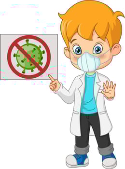 Doctor boy in mask with coronavirus sign vector