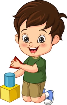 Cartoon little boy playing with cubes vector