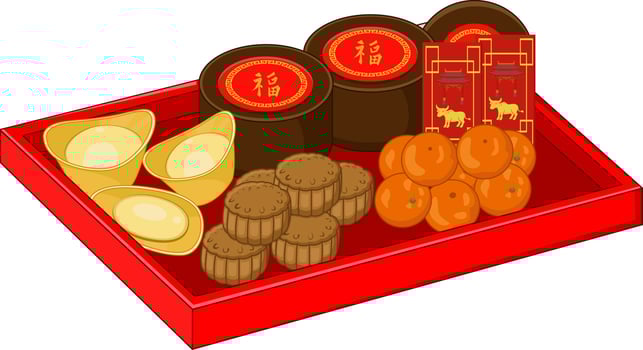 Happy chinese new year 2021 year of the ox with chinese food. vector