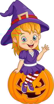 Cartoon little witch sitting on halloween pumpkin vector