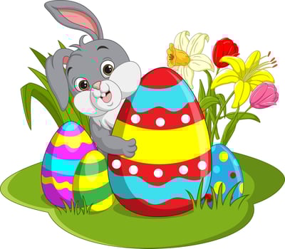 Happy Easter. Cute Easter bunny with huge eggs in the grass vector