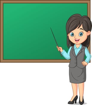 Young female teacher with blackboard and pointing stick vector