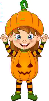 Cartoon little girl wearing halloween pumpkin costume vector
