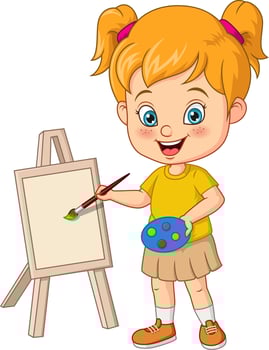 Cartoon little artist girl painting on canvas vector
