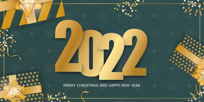 2022 new year green banner. Background with realistic gift boxes, gold ribbons and bow. Vector. vector