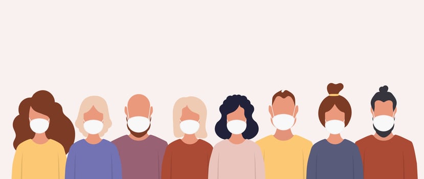 People wearing masks in a line, with a white background vector