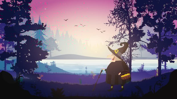 A witch in a black robe walks through the forest. Witch with a hat. Suitable for Halloween-themed designs. Isolated. Vector. vector