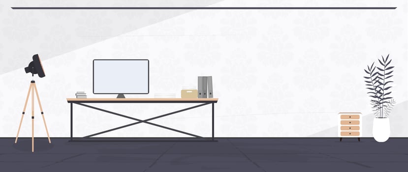 Loft style room. Bright room. Workplace. Table with laptop, books and documents. Flower in a pot, wooden cabinet, paintings. . vector