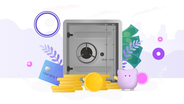A large metal safe and a pile of gold coins. Armored safe. . vector